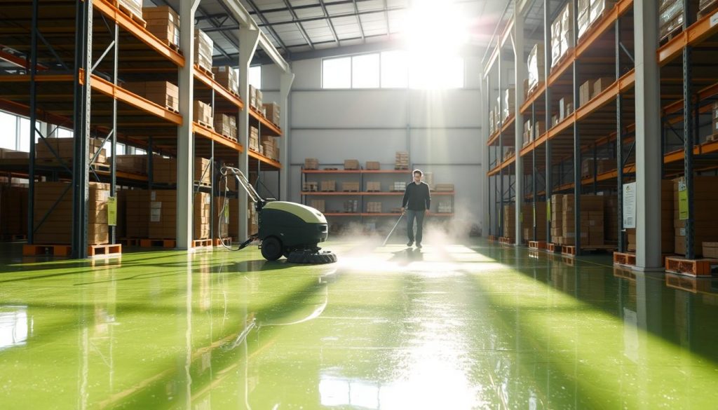 green warehouse floor cleaning