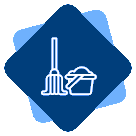 The image displays cleaning icons, including a mop and bucket, typically representing housekeeping or janitorial services.